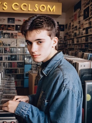AMAZING PHOTO portrait young man in record store photography 90s style Analogic clothes and environment from the 90s 90s style , 80s style , Analogic , 1990s