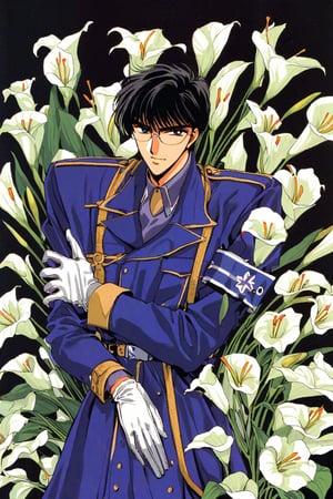 Seishiro Sakurazuka,solo,1boy,male focus,flower,gloves,black hair,uniform,white flower,white gloves,holding,glasses,belt,holding flower,standing,long sleeves,pillarboxed,blue background,military,armband,military uniform,bangs,looking at viewer,lily (flower),coat,short hair,black background,blue coat,feet out of frame