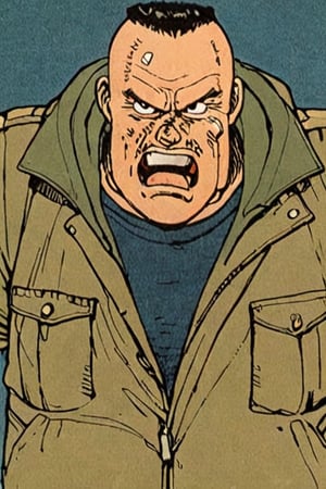 Comic panel illustration of a big angry man in a jacket,  akira style 