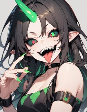 masterpiece,best quality,very aesthetic,absurdres,1girl,black choker,black hair,black sclera,choker,colored sclera,fingernails,green eyes,green horns,green nails,grey background,horns,long fingernails,long hair,mismatched sclera,nail polish,open mouth,sharp fingernails,sharp teeth,simple background,single horn,smile,solo,teeth,tongue,tongue out,transformation,upper body,wrist cuffs,,