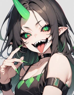 masterpiece,best quality,very aesthetic,absurdres,1girl,black choker,black hair,black sclera,choker,colored sclera,fingernails,green eyes,green horns,green nails,grey background,horns,long fingernails,long hair,mismatched sclera,nail polish,open mouth,sharp fingernails,sharp teeth,simple background,single horn,smile,solo,teeth,tongue,tongue out,transformation,upper body,wrist cuffs,,