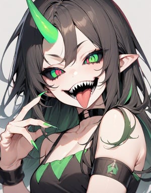 masterpiece,best quality,very aesthetic,absurdres,1girl,black choker,black hair,black sclera,choker,colored sclera,fingernails,green eyes,green horns,green nails,grey background,horns,long fingernails,long hair,mismatched sclera,nail polish,open mouth,sharp fingernails,sharp teeth,simple background,single horn,smile,solo,teeth,tongue,tongue out,transformation,upper body,wrist cuffs,,