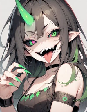 masterpiece,best quality,very aesthetic,absurdres,1girl,black choker,black hair,black sclera,choker,colored sclera,fingernails,green eyes,green horns,green nails,grey background,horns,long fingernails,long hair,mismatched sclera,nail polish,open mouth,sharp fingernails,sharp teeth,simple background,single horn,smile,solo,teeth,tongue,tongue out,transformation,upper body,wrist cuffs,,