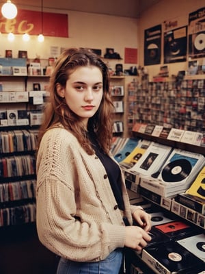 AMAZING PHOTO young woman in record store photography 90s style Analogic clothes and environment from the 90s 90s style , 80s style , Analogic , 1990s