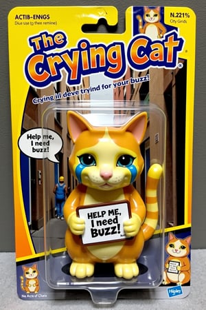 An unopened action figure package featuring "The Crying Cat," a sad-looking cat with teary eyes, holding a small sign that reads "Donate Buzz." The figure is posed sitting down with a pitiful expression, tears sculpted on its face, and a droopy posture. The packaging is brightly colored, with cartoonish illustrations of the crying cat on the sides and a speech bubble on the front that says, "Help me, I need buzz!" The background inside the package shows a city alley, emphasizing the cat's plight. The title "The Crying Cat" is written in bold, playful letters at the top, with the tagline "Crying for your buzz!"