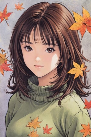 Yoshizuki iori, 1girl, solo, brown eyes, sweater, brown hair, looking at viewer, leaf, autumn leaves, green sweater, long sleeves, upper body, bangs, autumn, sleeves past wrists, long hair, medium hair, maple leaf, traditional media