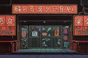 a frame of a animated film of  an entrance to a seedy bar in neo tokyo, style akirafilm 