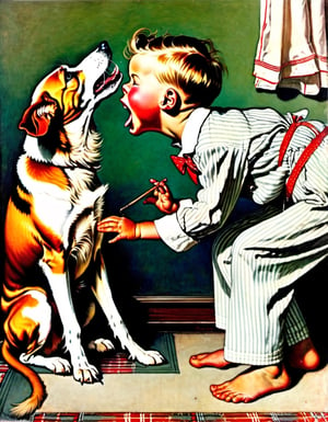 Painting of a small boy in Pyjamas howling along with his dog, howling, art by Norman Rockwell, art by J.C. Leyendecker