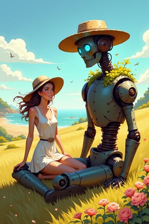 side wide shot of 2 characters sittings one in between the legs of the other,
a centered mature woman looking away with smile face with long hair blowing in the wind dressed with a summer dress and straw-hat, 
 a strong giant rusty steampunk-robot with a straw-hat sitting, light blue eyes,  faceless, looking up on head and moss on shoulders,
the background is a hill fields landscape on a coastal far old village,
high grass and flowers in the wind, sunny day with a small clouds, birds flying in the sky. digital art