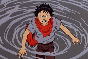 a frame of a animated film of a man walking through the water with a ragged red scarf , style akirafilm 
