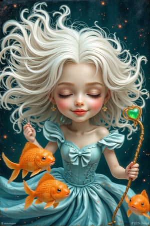 Oil painting, cartoon style, Close-up of a beautiful princess, long white curly hair flying, light blue dress, holding a wand with a green heart-shaped gem on the tip, she waves the wand with her eyes closed, directing two smiling fat goldfish to swim around, the wand gives off a filamentous light, cute anthropomorphic expression, Warm, gree color background, in the style of Ryo Takemasa and Atey Ghailan. High definition details, HD,1080p,4k,8K Ultra hd picture quality,Denoising, Detail enhancement