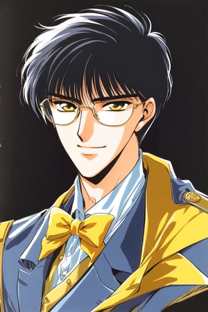 Seishiro Sakurazuka, 1boy, male focus, solo, black hair, glasses, yellow eyes, looking at viewer, retro artstyle, black background, smile, uniform, bow, bowtie, 1990s (style), simple background,traditional media