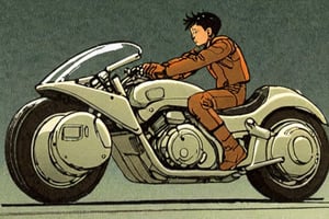 Comic panel illustration of a man on a futuristic motorcycle, profile, side view, full body , akira style 