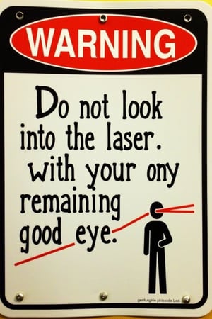 Humorous and cautionary warning sign for a laser physics lab. The sign prominently features bold, attention-grabbing text that reads, 'Do not look into the laser with your remaining good eye.'  simple, iconic laser beam graphics. Additionally, incorporate a small illustration of a person with one eye closed, humorously emphasizing the warning. 