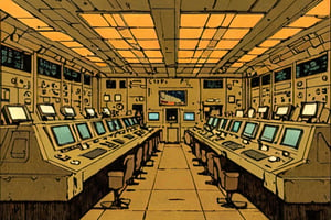 Comic panel illustration of a large military control room with amber colors,  akira style 