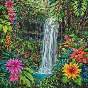 Jungle, waterfall, vines, colorful flowers