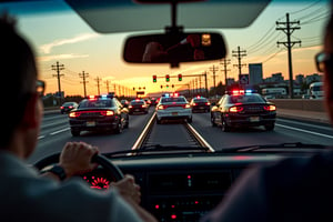 A chaotic and intense highway chase scene, with multiple police cars in pursuit, flashing red and blue lights. The image is captured from the rearview mirror of a panicked driver who looks terrified, gripping the steering wheel with a wide-eyed expression. The road has tracks similar to train rails, adding a surreal element to the high-speed chase. Overhead, traffic lights show red signals, emphasizing the urgency of the situation. The background features a cityscape with power lines and distant vehicles, with the sunset casting a dramatic glow over the scene