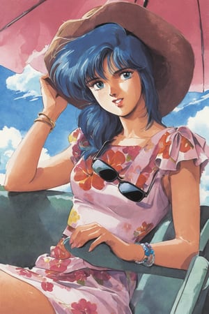 1girl, solo, hat, blue hair, retro artstyle, sunglasses, traditional media, sitting, dress, eyewear removed, cloud, 1980s (style), holding eyewear, chair, day, sun hat, floral print, sky, green eyes, bracelet, holding, looking at viewer, blue eyes, watercolor