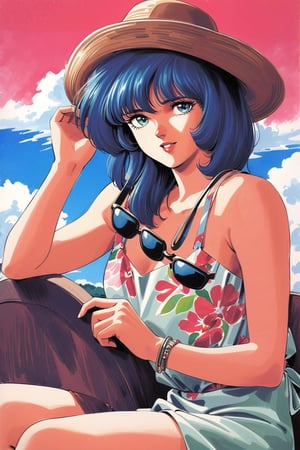 1girl, solo, hat, blue hair, retro artstyle, sunglasses, traditional media, sitting, dress, eyewear removed, cloud, 1980s (style), holding eyewear, chair, day, sun hat, floral print, sky, green eyes, bracelet, holding, looking at viewer, blue eyes, watercolor
