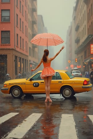 Painting of the yellow Taxi in New York, a ballet girl's back with a stripe umbrella, short skirt, dancing, rainy day, buildings, full-length photograph, in Wes Anderson style, the grand hotel Budapest style, outdoor, unrealistic, symmetrical right in the middle, a front view, pink and amber color is the main pastel tone