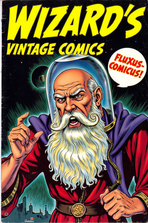 vintage comic book cover, with yellow title that reads "wizard's vintage comics", pulp art style sci-fi, wizard whitebeard wearing a tubular glass helmet, a s speech bubble emanates from the wizard's mouth, with the word "Fluxus-Comicus!" written in a classic comic book font
