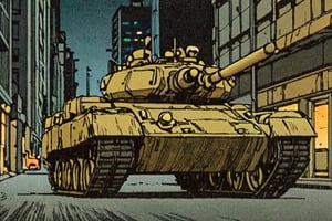 Comic panel illustration of a tank on the streets of new tokyo at night, akira style 