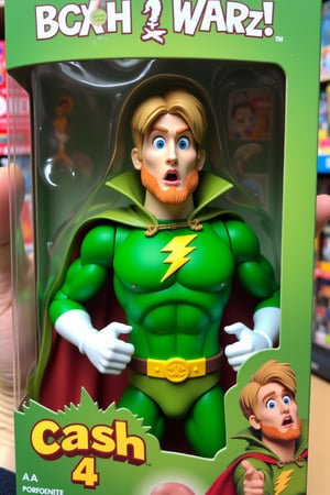 Photograph of a toy packaging featuring a character named "civitAI America". The figure is depicted in a bright green superhero costume with a yellow buzz lightning on its chest, white gloves, and a matching green cape with red trim. The figure has blonde hair, a beard, has a stylized, exaggerated facial expression with large eyes, and a surprised look. The packaging box is predominantly green with a white border and features a humorous design. Extra text: "Cash 4 Buzz!"