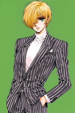 MariaTachibana, 1girl, solo, blonde hair, hair over one eye, short hair, green eyes, business_suit, pinstripe suit, white turtleneck, pants, traditional media, hand in pocket, formal, suit, striped, pinstripe pattern, looking at viewer, turtleneck, green background