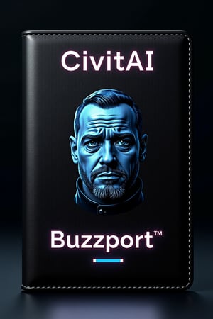 A passport design titled "CivitAI Buzzport" featuring sleek, plastic leather textures and holographic elements. In the center of the passport, there is a sad-looking man with droopy eyes, his face appearing pixelated or digitally distorted to give it a cyberpunk vibe. The passport label "CivitAI Buzzport" is written in bold, glowing letters with a digital font.