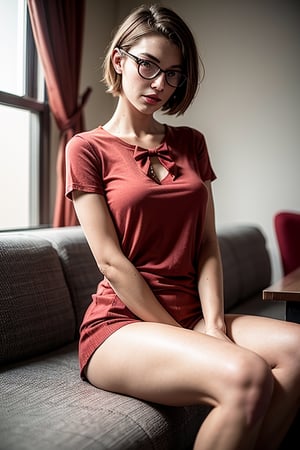 A photo of a young, nerdy woman in a caf, wearing a red shirt and a bow, surrounded by a cozy atmosphere, looking at the viewer.
short hair, slender, red lips, transparent fabric, flirting with the camera
BREAK
woman sitting on a white sofa 