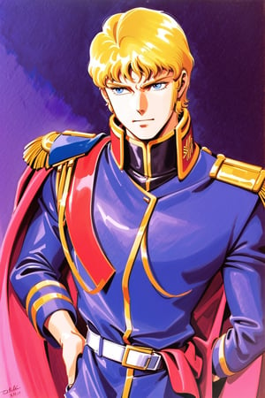 Char Aznable, 1boy, solo, male focus, blonde hair, uniform, military, military uniform, blue eyes, belt, holding, epaulettes, traditional media, watercolor