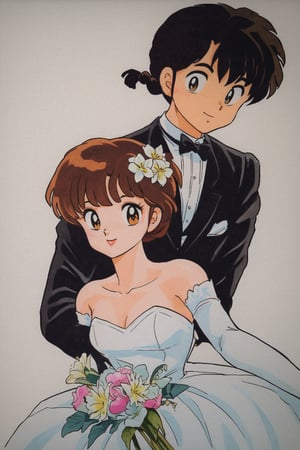 1girl, 1boy, dress, braid, flower, black hair, tuxedo, hetero, couple, bowtie, wedding dress, formal, retro artstyle, gloves, elbow gloves, bow, single braid, 1990s (style), short hair, brown hair, suit, white background, hug, looking at viewer, hair flower, white dress, smile, long hair, traditional bowtie,,