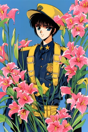 Subaru Sumeragi, flower, solo, blue eyes, hat, lily (flower), male focus, uniform, black hair, 1boy, gloves, retro artstyle, 1990s (style), police uniform, short hair, androgynous, police, traditional media