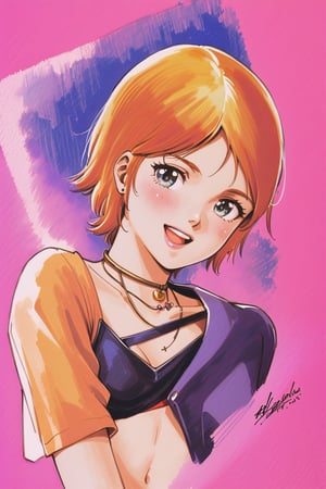 Elpeo Ple, 1girl, solo, short hair, jewelry, necklace, open mouth, orange hair, smile, traditional media, signature, midriff, blush, upper body, crop top, looking at viewer, watercolor \(medium\)