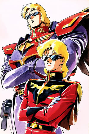 Char Aznable, 1boy, mecha, blonde hair, robot, male focus, uniform, gloves, sunglasses, military, crossed arms, military uniform, belt, white background, red pants, solo, retro artstyle, 1980s style, watercolor