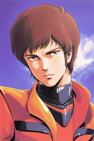 Amuro Ray, 1boy, solo, brown hair, male focus, pilot suit, white gloves, brown eyes, signature, science fiction, retro artstyle,1980s (style),looking at viewer, traditional media, portrait, watercolor \(medium\)