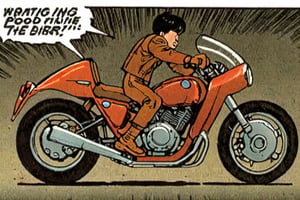 Comic panel illustration of a man on a motorcycle , akira style