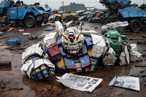 Photo of a Gundam lying on the gran, in a junkyard, rain, paper, 4k, uhd, masterpiece 