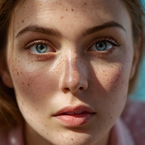 cinematic film still of  A cucoloris patterned illumination casting a unique custom circular shape shadow on a woman with freckles on her face and a pink shirt,1girl,solo,looking at viewer,blue eyes,parted lips,lips,eyelashes,sunlight,portrait,close-up,freckles,realistic,nose,dappled sunlight,cinematic,film,filmic,casting shadow,venetian blinds casting shadow light,shadow on face,face partially covered in shadow,different shadow,window casting shadow light,cinematography,detailed,detailed background,detailed face,high quality,8k,cuculoris,kookaloris,cookaloris or cucalorus,light modifier,different light pattern,creative light,unique shadow , casting shadow style, celluloid film skintone color, shallow depth of field, vignette, highly detailed, high budget, bokeh, cinemascope, moody, epic, gorgeous, film grain, grainy