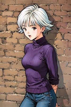 1girl, solo, short hair, white hair, brown eyes, open mouth, arms behind back, turtleneck, sweater, pants, brick wall, looking at viewer, traditional media