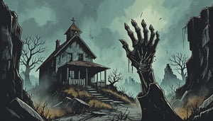 zombie hand coming out from the terrain in a graveyard 