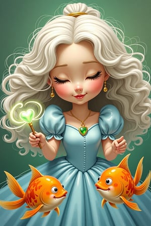 Oil painting, cartoon style, Close-up of a beautiful princess, long white curly hair flying, light blue dress, holding a wand with a green heart-shaped gem on the tip, she waves the wand with her eyes closed, directing two smiling fat goldfish to swim around, the wand gives off a filamentous light, cute anthropomorphic expression, Warm, gree color background, in the style of Ryo Takemasa and Atey Ghailan. High definition details, HD,1080p,4k,8K Ultra hd picture quality,Denoising, Detail enhancement