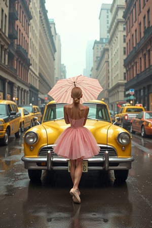 Vogue photoshoot of the yellow Taxi in New York, a ballet girl's back with a stripe umbrella, short skirt, dancing, rainy day, buildings, full-length photograph, in Wes Anderson style, the grand hotel Budapest style, outdoor, unrealistic, symmetrical right in the middle, a front view, pink and amber color is the main pastel tone