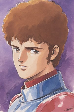 Amuro Ray, 1boy, solo, brown hair, male focus, pilot suit, white gloves, brown eyes, signature, science fiction, retro artstyle,1980s (style),looking at viewer, traditional media, portrait, watercolor