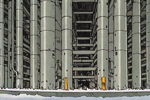 Comic panel illustration of a gigantic industrial  cryogenic containment facility , akira style 
