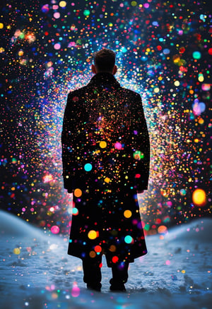 A man in a black coat, back view, standing in the snow, radiating colorful sparkles 