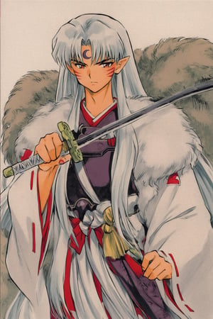 solo, 1boy, Sesshoumaru, weapon, male focus, sword, long hair, pointy ears, facial mark, holding, white hair, white background, japanese clothes, forehead mark, simple background, holding weapon, fur, holding sword, very long hair, armor, wide sleeves, crescent, long sleeves, kimono, traditional media