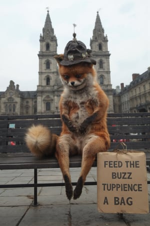 A staring fox sitting head down on a bench feeding pigeons. Background is a church. the fox is wearing an old woman's hat.  A cardboard sign beside him that say "Feed the Buzz (Tuppence a Bag)"