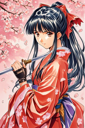 Shinguji Sakura, 1girl, weapon, sword, solo, Japanese clothes, gloves, bow, brown eyes, fingerless gloves, black hair, red bow, ponytail, Katina, petals, long hair, hair bow, cherry blossoms, kimono, traditional media