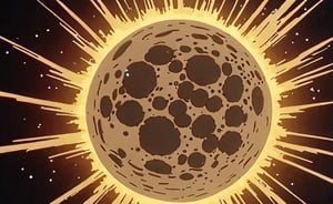 a frame of a animated film of  an exploding moon, style akirafilm 